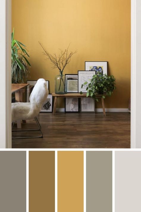 Pale Yellow Color Palette, Pale Yellow Walls, Yellow Walls Living Room, Yellow Painted Walls, Living Room Colour Schemes, Yellow Color Palette, Home Office Interior, Brand Colours, Muted Yellow