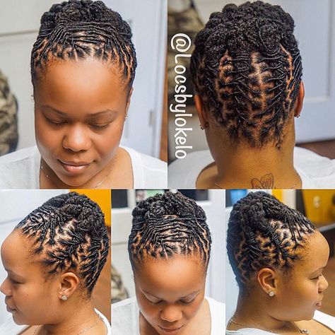 GOOD ☀️ MORNING Beautiful short LOC updo. 😍 Styl Short Dread Hairstyles, Short Loc Updo, Short Haircuts Black Hair, Short Dread Styles, Dreads Short Hair, Short Dreadlocks Styles, Loc Updo, Short Dreads, Braids Twist