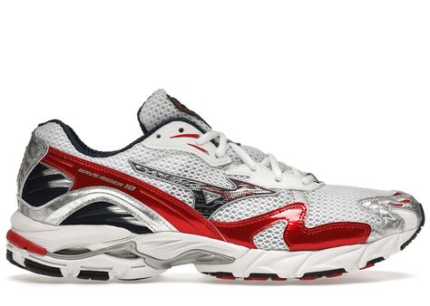 Men's Mizuno Wave Rider 10 OG (2020) Sneakers in White/Blue/Red. Mizuno Wave Rider 10, Mens White Sneakers, Mizuno Wave Rider, White Sneakers Men, Hot Sneakers, Adidas Yeezy, Jordan Retro, White Sneakers, Air Max Sneakers