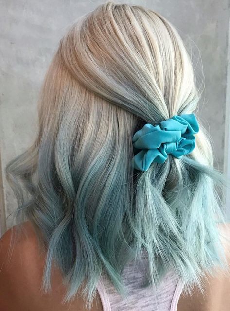 Blonde To Teal Ombre, Platinum Blonde Hair With Colored Tips, Short Blonde Hair With Color Underneath, Blond To Blue Ombre Hair, Blonde Blue Ombre Hair, Blue Dipped Hair, Dip Dyed Hair Blonde, Blonde Hair With Teal Underneath, Blue Tips Hair Blonde