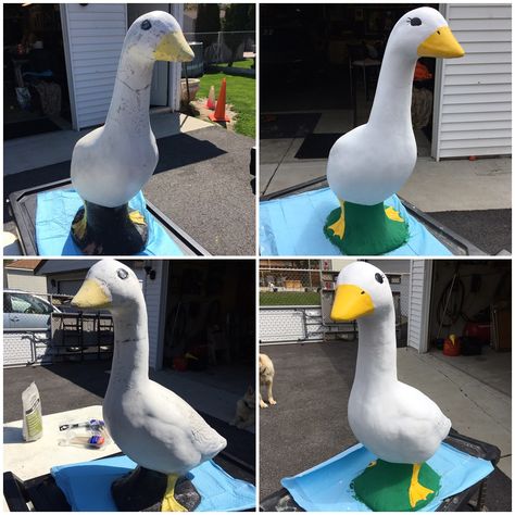 My old concrete goose, Gertrude, had a much needed make over Concrete Goose, Porch Goose, Old Concrete, Painting Cement, Goose Clothes, Concrete Molds, Concrete Porch, Painting Concrete, Much Needed