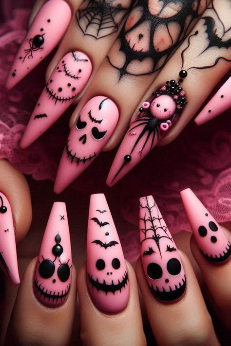 #SpookyPinkNails #ChicNailArt #HalloweenNailIdeas #FunNailDesigns #PinkHalloweenNails #NailArtInspiration #HalloweenStyle #CreativeManicure Pink Spooky Nails, Chic Nail Ideas, Pink Halloween Nails, Cute Halloween Nails, Pink Skull, Halloween Nail Designs, Halloween Nail, Pink Halloween, Halloween Nail Art