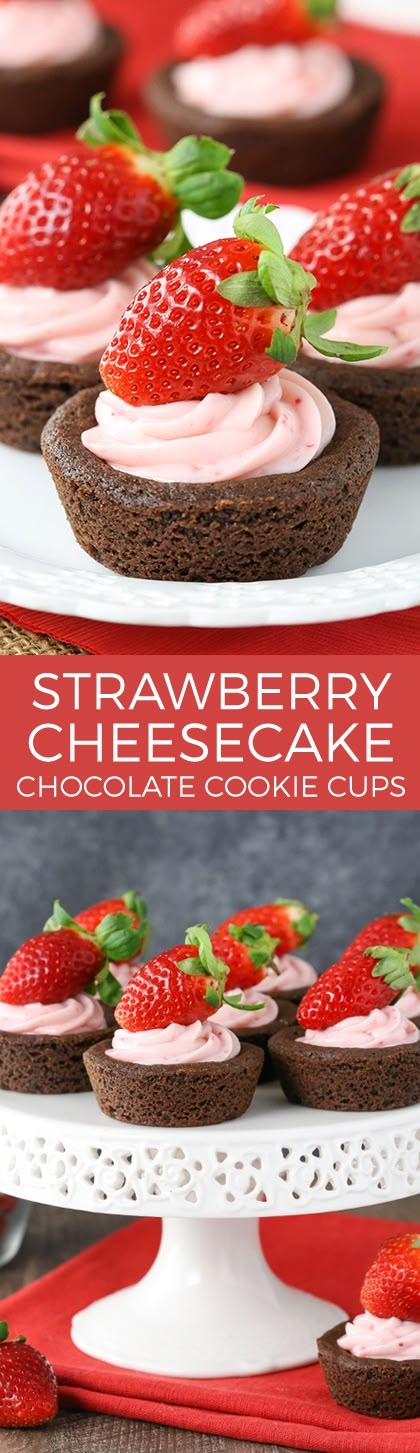 These Strawberry Cheesecake Chocolate Cookie Cups are super fun, easy to make and beautiful! They're great for sharing or enjoying as an individual treat. #strawberry #cheesecake #cookiecups #chocolate #cookie #cups #strawberry #cheesecake #cheesecakebites Chocolate Cookie Cups, Life Love And Sugar, Cookie Cups Recipe, Buffet Party, Mini Cheesecake Recipes, Strawberry Bread, Jimmy Buffet, Cheesecake Chocolate, Brownie Desserts