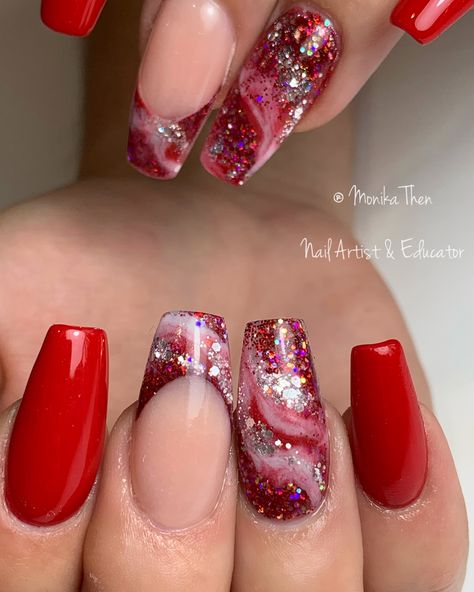 #acrylicnails #nails #nailart #youngnails #nailtech #nailsofinstagram Red And Green Marble Nails, Red Marble Nails, Bird Nail Art, Simple Spring Nails, Gel Manicures, Marble Nail Designs, Red Nail Art, Marble Nail, Nail Effects