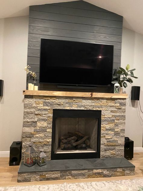 Shiplap- color SW Iron ore
Airstone
Montauk Black Slate tile from Home Depot Black Shiplap Fireplace With Stone, Iron Ore Shiplap Fireplace, Wood Hearth Ideas, Rock And Shiplap Fireplace, Slate Fireplace Surround Farmhouse, Black Stone Corner Fireplace, Stone Fireplace With Black Shiplap, Stone And Black Shiplap Fireplace, Spring Creek Airstone Fireplace