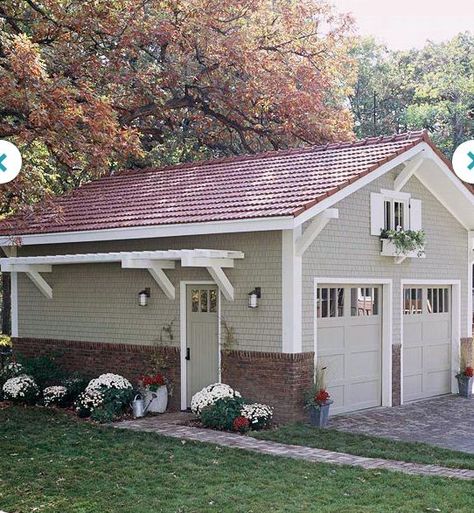 love the pergola and the window box above the window. Something so simple adds so much charm and also affordable. Red Tin Roof House Colors, Garage Trellis, Veranda Design, Casa Garage, Plan Garage, Farmhouse Garage, Garage Exterior, Pergola Design, Garage Shed