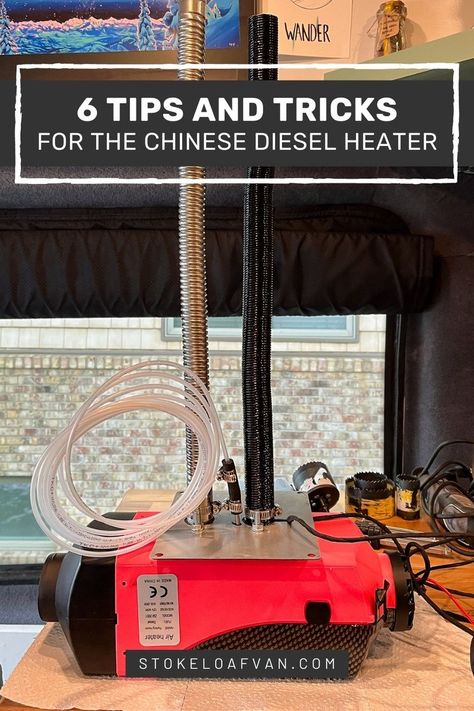 chinese-diesel-heater-sitting-on-the-van-counter-stokeloafvan Diesel Heater Diy, Chinese Diesel Heater, Diesel Heater Camper, Off Road Tent Trailer, Van Roof Racks, Camping Tricks, Diy Heater, Camping Power, Campervan Ideas