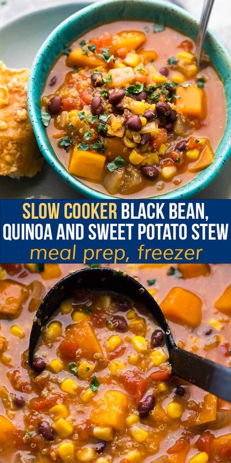 Sweet Potato Black Bean Soup Slow Cooker, Black Bean Freezer Meals, Sweet Potato Slow Cooker Recipes, Sweet Potato Freezer Meal, Daniel Fasting, Quinoa Stew, Crock Pot Sweet Potatoes, Freezer Prep, Sweet Potato Stew