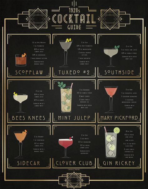 1920s Cocktails Print | Etsy 1920s Cocktails, Roaring 20s Birthday Party, 1920 Party, Gatsby Birthday Party, Clover Club, Speakeasy Party, Great Gatsby Themed Party, Mystery Dinner Party, Sweet 17