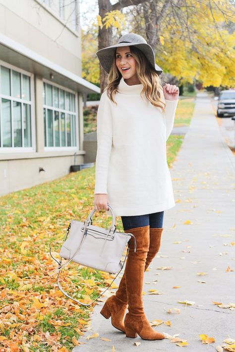 Brown Suede Over the Knee Boots - A Fall Must Have, with a cream sweater dress, satchel, blue jeans, matching floppy brim hat | Twenties Girl Style blog Dressing Outfits, Winter Outfit Aesthetic, Hot Fall Outfits, Fall Outfits 2018, Outfit Ideas Winter, Boot Outfits, Otk Boots, Winter Outfit Ideas, Trendy Outfits Winter