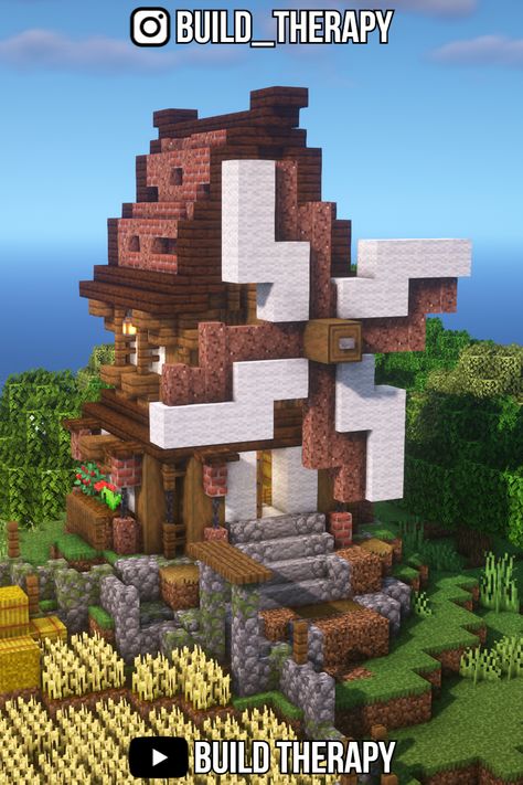 Mining Area Minecraft Ideas, Medieval Farmhouse Minecraft, Minecraft Medieval Windmill, Wind Mill Minecraft, Minecraft Windmill Design, Minecraft Farmhouse Ideas, Windmill Minecraft, Farmhouse Minecraft, Medieval Windmill