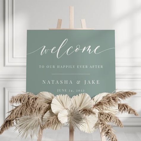 $44.20 | Dusty Sage Happily Ever After Wedding Welcome Sign #welcome to our wedding, happily ever after, modern, welcome to happily ever after, wedding reception, wedding welcome sign, elegant calligraphy script, dusty sage green Sea Glass Wedding, Happily Ever After Wedding, Ever After Wedding, Elegant Modern Wedding, Dusty Blue Wedding, Sage Green Wedding, Wedding Posters, Dusty Blue Weddings, Wedding Welcome Sign