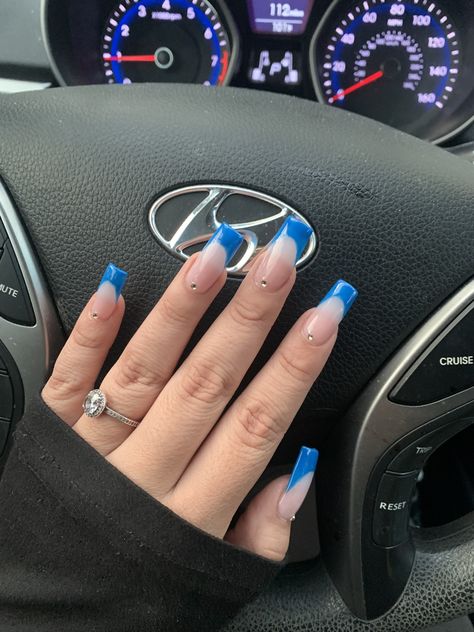 French Nails With Gems, Navy French Tip Nails, Acrylic Nails With Gems, French Tip Nails With Gems, Blue French Nails, Nails With Gems, Blue French Tip, Blue French Tips, French Tip Acrylic Nails