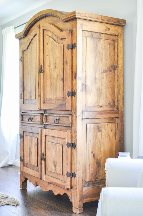 Secondhand Rustic TV Armoire Farmhouse Armoire Decor, Rustic Pine Armoire Makeover, Natural Wood Armoire, Living Room Armoire Decor, Armoire In Entryway, Boho Armoire Makeover, Armoire Storage Ideas, Pine Armoire Makeover, Farmhouse Armoire Makeover