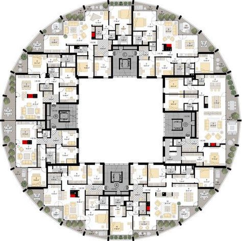 Residential Architecture Apartment Floor Plans, Circular Floor Plan, Flat Floor Plan, Residential Building Plan, Apartment Plan, Circular Buildings, Hotel Floor Plan, Building Layout, Apartment Floor Plan