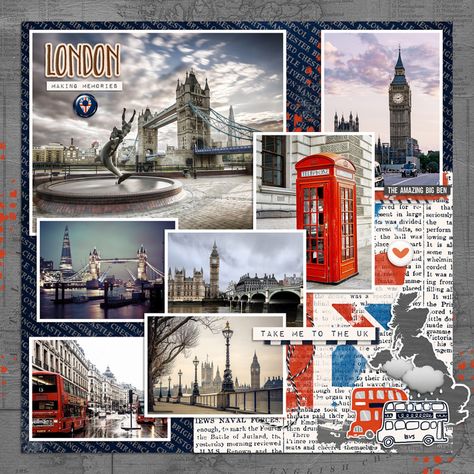 London Scrapbook, Travel Scrapbook Layouts, Scrapbooking Layouts Travel, Scrapbooking Layouts Baby, Printable Holiday Card, Doodle Frame, Country Signs, 12x12 Scrapbook, Creative Memories