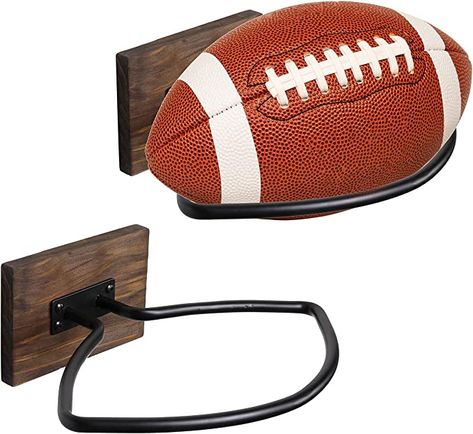 MyGift Wall Mount Football Display Rack, Rustic Wood and Industrial Black Metal Mounted Sports Ball Holder, Sports Room Decor, Set of 2 Football Holder, Football Display, Football Displays, Sports Room Decor, Ball Holder, Ball Storage, Medal Hanger, Football Wall, Sports Room