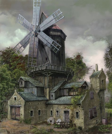 Medieval Windmill, Bridges Architecture, Windmill Art, Warhammer Fantasy Roleplay, Old Windmills, Conceptual Drawing, Arte Steampunk, Windmill Design, Medieval Architecture