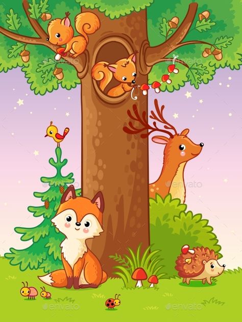 Cute Vector Illustration with Animals. Wild Animals Cartoon, Animals In The Forest Drawing, Cartoon Forest Animals, Cute Woodland Animals Illustration, Animals Living In Trees Illustration, Farm Scenery, Digital Art Software, Forest Drawing, Cartoon Drawings Of Animals