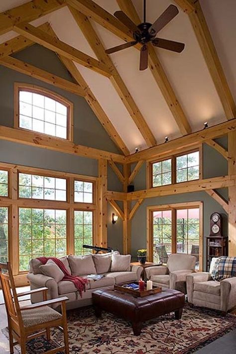 Custom Eastern White Pine Timber Frame Home – Lansing NY - Woodhouse The Timber Frame Company Wood Paneling Living Room, Plan Chalet, Timber Frame House, Natural Living Room, Lots Of Windows, Rustic Home Design, Timber Frame Homes, Room Paint Colors, Timber House