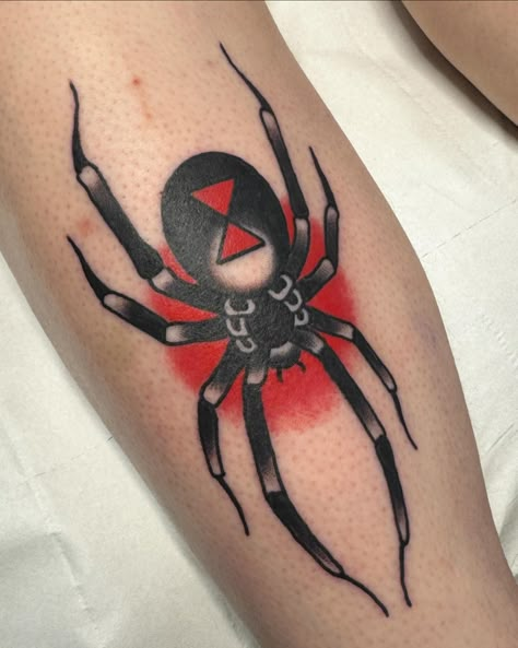 Black widow down the shin, love how this sits, thanks as always Lozzer! . . . . . . . . . Newcastle under Lyme appointment only tattoo studio, DM or fill out the enquiry form in my bio for enquiries. . #tattoo #traditionaltattoo #traditionalartist #tradworkers #colourtattoo #linework #uktattoo #uktattooartists #stokeontrent #cheshire #newcastleunderlyme #staffordshire #traditionalspidertattoo #blackwidow Traditional Black Widow Tattoo, Lone Star Tattoo, Black Widow Spider Tattoo, Black Widow Tattoo, Web Tattoo, Tattoo Filler, Spider Tattoo, Bug Tattoo, Female Tattoo Artists