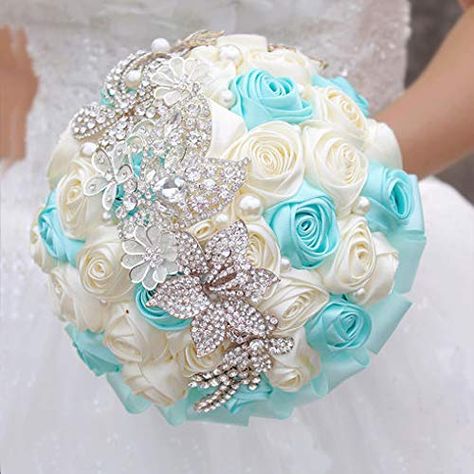 PRICES MAY VARY. High-quality Brooches, Ribbons, Jewelry, Pearls Material: High-quality brooches, ribbons, jewelry, pearls Handmade If you have a favorite style pictures, we can customize. We are very good at making. Size: Flower ball diameter: 20cm; height: 27cm Elegant and fantastic party bouquet. creating fantastic and upscale wedding.Dazzling bride bouquet adds romance and magnificence to your wedding, making bride more noble and elegant. Brooch Bouquets made to order.  We customize a variet Tiffany Blue Wedding, Purple Wedding Bouquets, Bride's Bouquet, Tiffany Wedding, Brooch Diy, Brooch Bouquet, Brooch Bouquets, Wedding Bridal Bouquets, Blue Roses