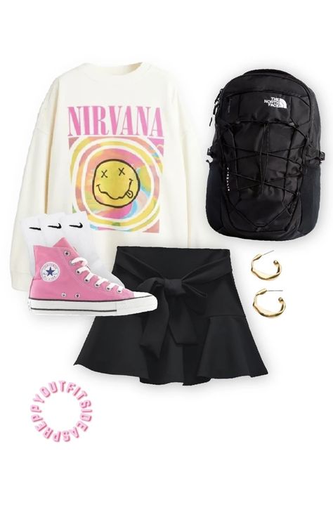 Preppy Nirvana, Skirt And Sweatshirt Outfit, Skirt And Sweatshirt, Nirvana Sweatshirt, Matching Fits, Outfit Preppy, Preppy Sweatshirts, Mood Clothes, Zara Skirt