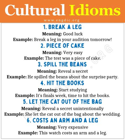 Cultural Idioms Break A Leg Idiom, Good Idioms, Idioms In English, Book Meaning, Formal English, School Vocabulary, Advance English, Break A Leg, Fun Phrases