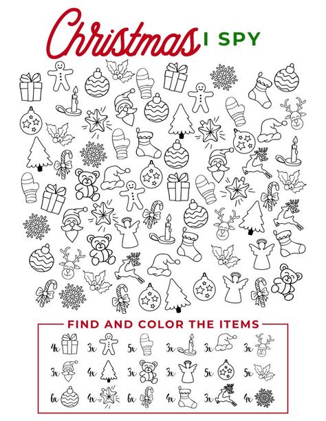 FREE Christmas I Spy Printable - About a Mom Free Printable Christmas Worksheets, I Spy Christmas, Christmas Printable Activities, Crafts Organization, Christmas Coloring Page, Christmas Word Search, Printable Games For Kids, Fun Christmas Activities, Printable Christmas Games