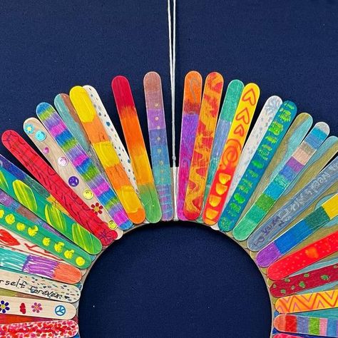 Katie Nichols (she/her) on Instagram: "4th grade early-finishers worked in this collaborative @popsicle stick wreath! We used paint and markers! This piece is now hanging in the front entrance of our school! 🥰
#stickwithartcontest #naea" Painted Popsicle Sticks, Stick Wreath, Popsicle Stick, Front Entrance, Art Teachers, Early Finishers, Arts Ed, Front Entrances, November 17