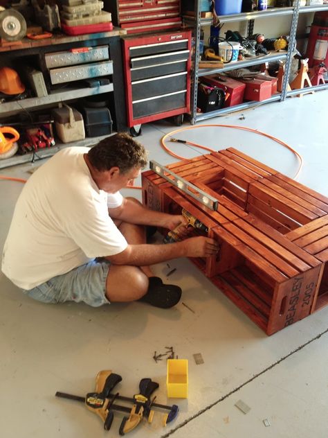 Diy Crate Coffee Table, Wood Crate Coffee Table, Ikea Crates, Wooden Crate Coffee Table, Wood Crate Furniture, Crate Coffee Table, Crate Table, Yellow Room, Our New Home