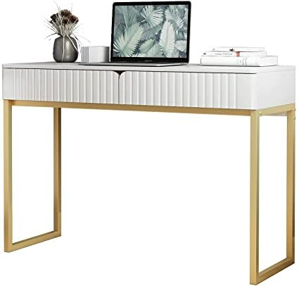 White Desk Gold Legs, Gold And White Desk, White Desk Home Office, Home Office White Desk, Desk Entryway, Desk With Metal Legs, Office Desk Modern, White Loveseat, Walmart Home Decor