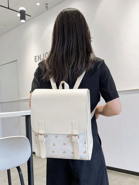 White  Collar  PU Plants Flap Backpack Embellished   Women Bags Goal Aesthetic, Cute School Bags, Bag Inspiration, White Backpack, Flap Backpack, Bag Pack, Girly Bags, Fancy Jewellery, Pretty Bags