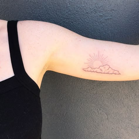 Heaven Inspired Tattoos, Sun And Sky Tattoo, Cloud Tattoo Design Drawings, Simple Cloud Tattoo, Sunrise And Sunset Tattoo, Heavens Tattoo, Sun And Clouds Tattoo, Tangerine Tattoo, Cloud Tattoo Design