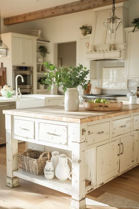 Get inspired by farmhouse kitchen island ideas that incorporate natural elements and creative designs. 🌿🎨 Farmhouse Kitchen Island Ideas, European Farmhouse Kitchen, Ocean Cottage, Farmhouse Build, Country Kitchen Island, Farmhouse Island, All Shall Be Well, Buy Dirt, Rustic Kitchens