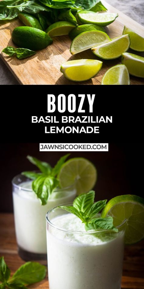 This Boozy Basil Brazilian Lemonade is a frosty, refreshing cocktail with  fresh lime, coconut milk, basil, and vodka. Super easy to whip up with your blender- these are the perfect summer treat! Coconut Milk Cocktail, Basil Drinks, Basil Smoothie, Coconut Milk Drink, Coconut Vodka, Brazilian Lemonade, Basil Lemonade, Lemonade Cocktail, Vodka Recipes