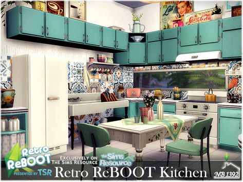 Sims 4 — Retro ReBOOT Kitchen by nobody13922 — A colorful retro kitchen with a dining area. Let's go back to the 70's! Sims 4 Retro Kitchen Cc, Sims 4 Retro, 90s Furniture, Sims 4 Rooms, Retro Kids Room, 50s Furniture, Ugly Kitchen, Turquoise Furniture, 70s Furniture