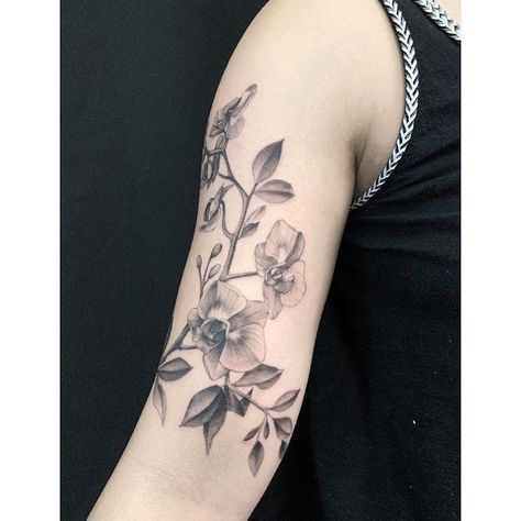 Around Arm Tattoo, Orchid Tattoo, Botanical Tattoo, Arm Tattoos For Women, Half Sleeve Tattoo, Shoulder Tattoo, Arm Tattoo, Sleeve Tattoos, Tattoos For Women