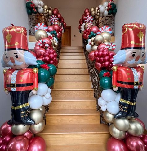 Nutcracker Christmas Balloons, Nutcracker Holiday Party, Nutcracker Balloon Arch, Nutcracker Christmas Party Decorations, Christmas Balloon Decorations Backdrop, Staircase Balloon Garland, Nutcracker Party Ideas, Nutcracker Balloon, Fundraiser Ideas School