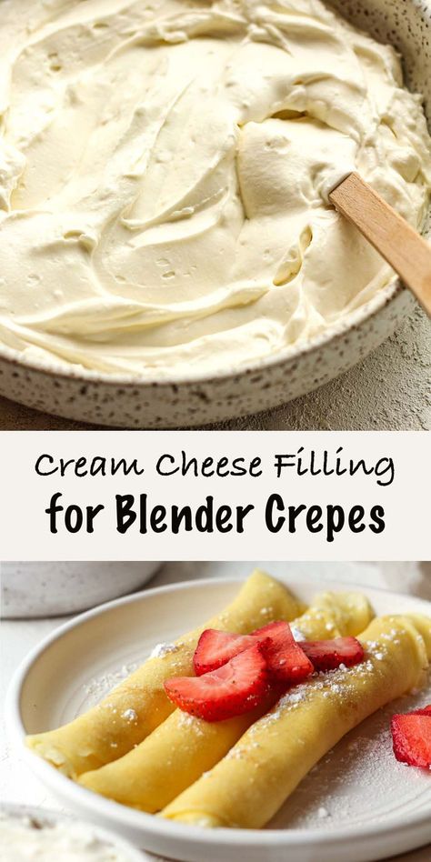 Cream cheese filling for blender crepes is a rich, silky mixture made by blending cream cheese, powdered sugar, and vanilla extract, folded with whipped cream for a light, fluffy texture. This quick and easy filling pairs beautifully with the delicate crepes, making an indulgent treat perfect for breakfast or dessert. Peach Crepes Filling, Cream Cheese Filling For Crepes, Vanilla Crepes, Filling For Crepes, Cream Cheese Crepe Filling, Blender Crepes, Crepe Filling, Cinnamon Scones Recipe, Peach Crepes