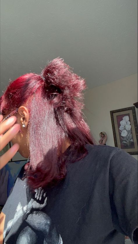 Skunk Stripe Hair Burgundy, Natural Hair Dyes For Black Women, Peekaboo Hair Color Burgundy, Dyed Natural Hair Black Women, Dark Red Natural Hair Black Women, Red 4c Hair, Red Natural Hair Black Women, Dyed Hair Black Women, Sleek Short Hair