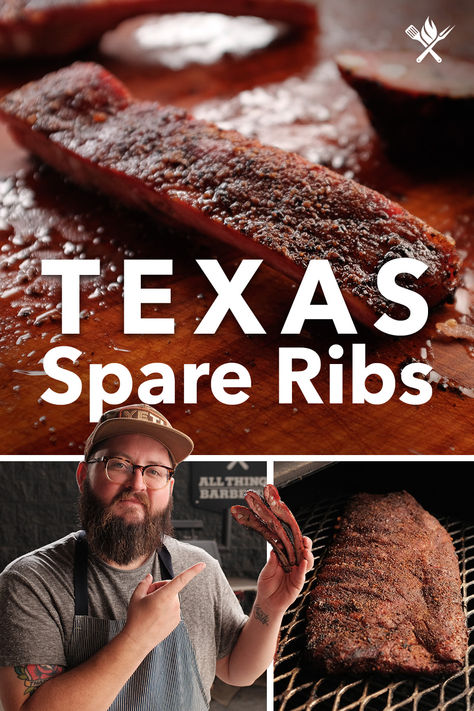 Everything is bigger in Texas, including these Texas Style Spare Ribs!  Get ready to impress this Fourth of July with these smoky, flavorful pork spare ribs. They're a definite crowd pleaser. The origins of Texas barbecue can be traced back to the 19th century and have evolved over time to become a quintessential part of American culinary heritage.  Enjoy these on the 4th of July or any other gathering this summer!  For the full recipe and video, click the link. Texas Style Ribs, Texas Bbq Recipes, Outdoor Beverage Center, Pellet Grill Accessories, Bbq Recipes Grill, Texas Barbecue, Rotisserie Grill, Pork Spare Ribs, Texas Bbq