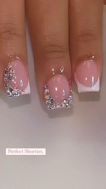 Short Acrylic Nails Gel Polish, Nails With Mini Rhinestones, Short Nails Acrylic Rhinestones, Short French Tip Nails With Diamonds, Diamonds On Short Nails, Short Nail Diamond Designs, Short White French Tips With Rhinestones, Short Nails Ideas With Rhinestones, Short French Tip With Diamonds