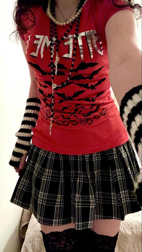 Suspended Skirt Outfit, Red Scene Outfits, Red Emo Outfits, Emo Skirt Outfits, Black Striped Shirt Outfit, Red Grunge Outfit, Red Plaid Skirt Outfit, Scene Skirt, Stile Punk Rock