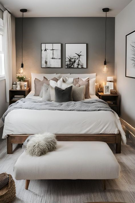 Small Apartment Interior Design Modern Bedroom, Guest Bedroom Ideas Grey Walls, Small Cozy Bedroom Ideas For Couples, Bedroom Couple Ideas, Bedroom Ideas Gray Walls, Small Guest Bedroom Ideas Cozy, Bedroom Inspirations For Couples, Cozy Guest Bedroom Ideas, Cozy Warm Bedroom