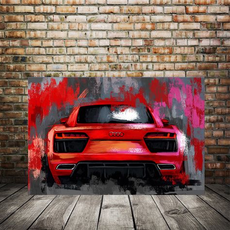 Car Art Project, Audi R8 Red, Car Acrylic Painting, Red Canvas Painting, Car Canvas Painting, Red Audi, Audi Sports Car, Custom Cars Paint, Automotive Artwork