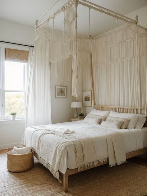 Boho Canopy Bed, Canopy Bed White, Neutral Boho Bedroom, Macrame Canopy, Canopy Bed Drapes, Boho Canopy, Bed Drapes, Baskets For Storage, Boho Inspo