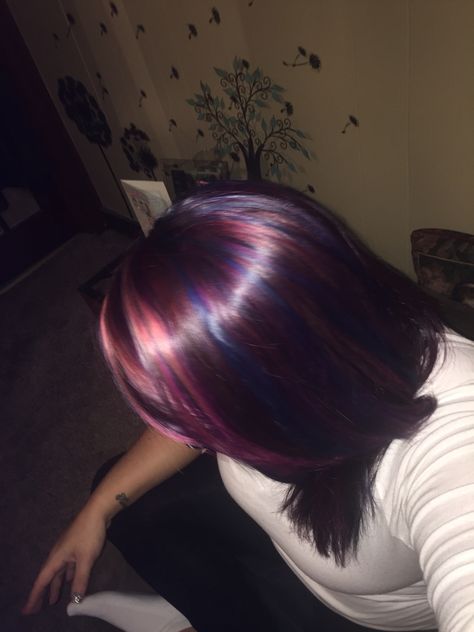 Rainbow highlights colorful hair purple blue pink red love Purple Stripes In Brown Hair, Blue Hair With Pink Highlights, Pink And Purple Highlights, Pink And Blue Highlights, Rainbow Highlights, Purple Highlights, Blue Highlights, Pink Highlights, Red Love