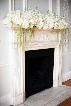 Gorgeous mantal decorated in hydrangeas.  Would make a beautiful alter Silk Flower Centerpieces, Hydrangea Centerpiece, Hydrangea Arrangements, The Mantle, White Hydrangeas, Wedding Crashers, Flowers And Greenery, Wedding Ceremony Flowers, Flowers Arrangements