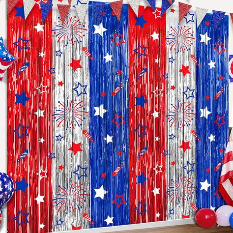 4th of July Party Decorations Red White Blue Foil Fringe Curtains, 2 Pack 3.3 x 6.6 FT Star Firework Patriotic Decor Fourth of July Photo Backdrop Streamers for Memorial Day Independence Day Labor Day Patriotic Backdrop Ideas, 4 July Decoration, Patio Paint Ideas, July Baby Birthday, Fourth Of July Party Decorations, 4th Of July Backdrop, American Picnic, Backdrop Streamers, 4th Of July Party Decorations